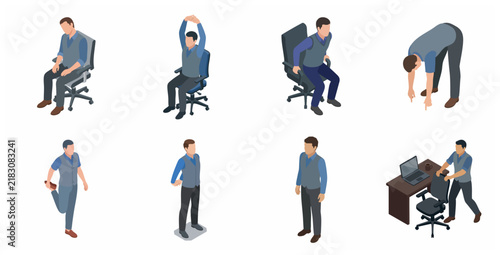 Isometric Businessman Office Stretching and Ergonomic Exercises Set for Workplace Wellness