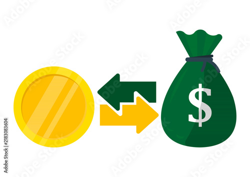 Money exchange vector illustration, currency transfer icon with gold coin and dollar bag isolated on white background