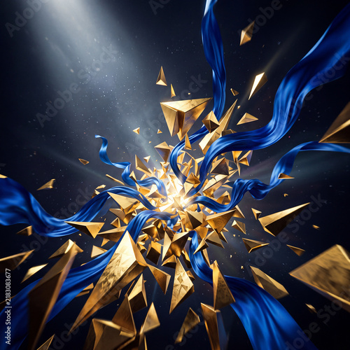 Golden Geometric Shards Exploding With Sapphire Blue Ribbons Swirling In Dark Void With Dramatic Spotlight, Luxury Abstract Concept.