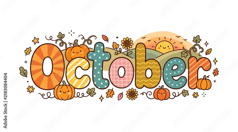 Fototapeta premium October Text Design with Cute Pumpkins and Autumn Elements