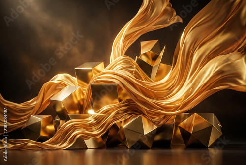 Golden Geometric Forms Flowing Silk Strands Reflection Volumetric Studio Lighting Abstract Opulence