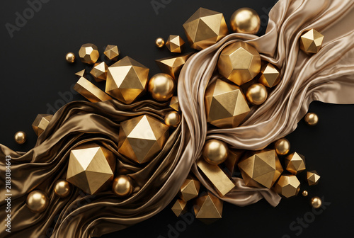 Gold Geometric Shapes Flowing Silk Fabric High-Angle Drone Perspective Dark Background Luxury Composition