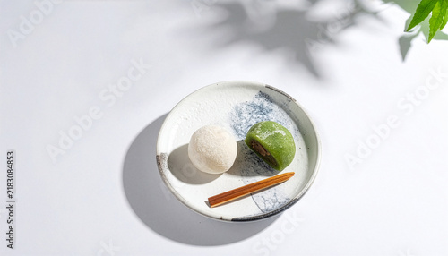 Plakat 木漏れ日の影が落ちる白い和食器に載せられた二色の大福（和菓子・抹茶・コピースペース）