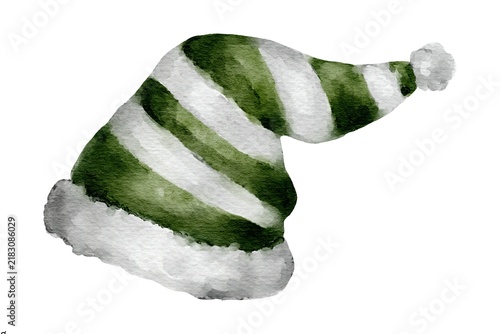 Watercolor illustration of a green and white striped elf hat with christmas