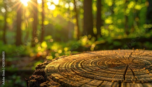 Sunlit Tree Stump in a Lush Green Forest at Golden Hour.