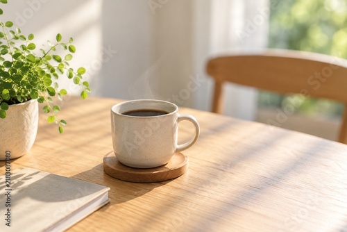 Tapety artystyczne 朝の自然光が差し込むテーブルと一杯のコーヒー