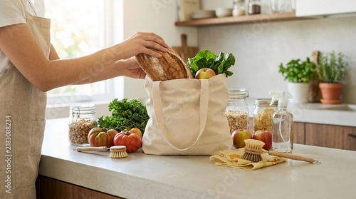 Woman unpacking a reusable grocery bag filled with fresh organic produce and bread in her bright kitchen