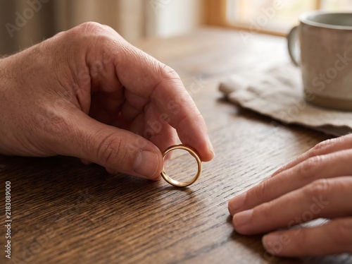 Man holding a gold wedding ring on a wooden table
