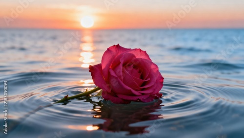 Red Rose Floating in Water at Sunset With Dew Drops and Soft Reflection