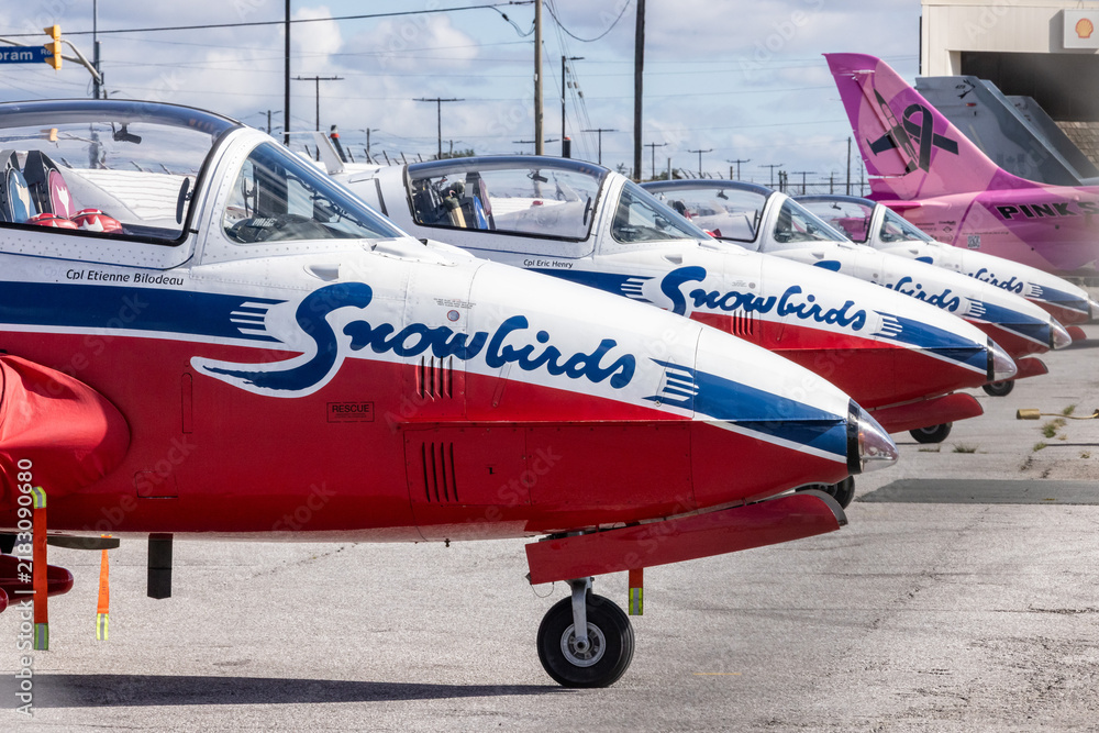 Obraz premium Toronto, Canada, September 6, 2026; Canadian Air Force Snowbird Tutor demonstration team jets parked on the tarmac at Toronto Pearson International Airport YYZ