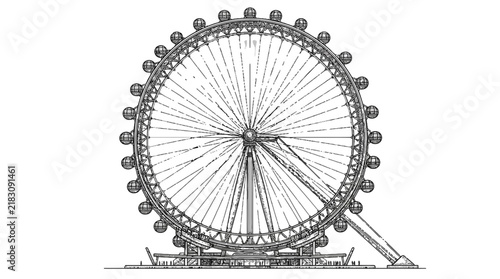 Detailed monochromatic vector illustration of a massive ferris wheel structure featuring intricate steel frame design elements