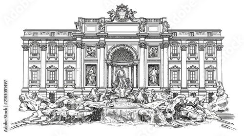 Trevi fountain architectural vector illustration showing detailed baroque sculpture and historic roman monument facade design elements