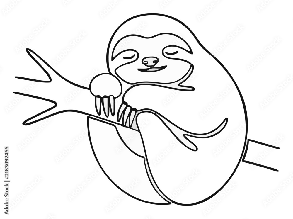 Fototapeta premium Three toed sloth sleeping front view line art vector.... Generative AI
