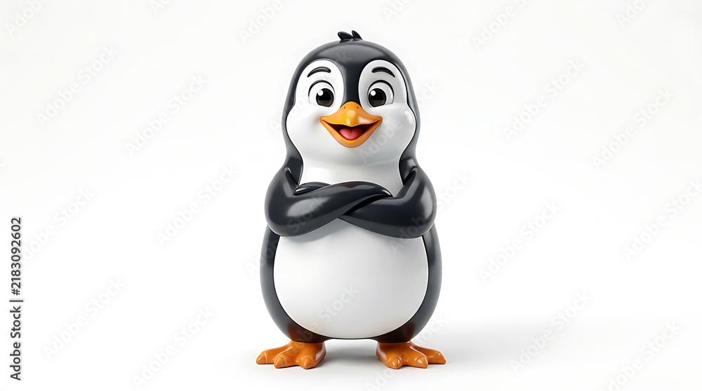 Obraz premium A charming cartoon penguin with large curious eyes stands confidently with crossed flippers while wearing a playful expression on its face during a friendly wildlife photography session