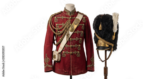 Vintage red military uniform with gold embroidery, antique hussar jacket and bearskin hat, historical ceremonial attire on white background
