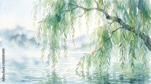 Watercolor painting of willow tree branches over water