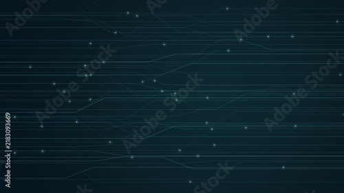 Seamless looping dark blue motion background featuring glowing cyan circuit board lines and data node particles for tech presentations.