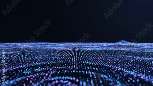 Abstract digital landscape with glowing blue data particles moving in a futuristic wave.