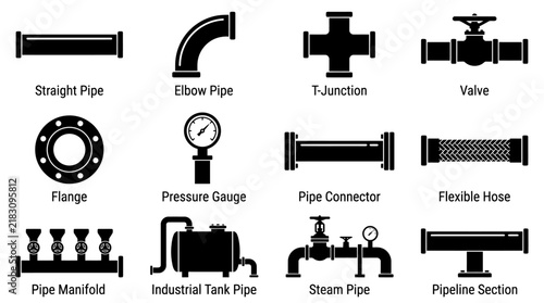 Industrial pipe icons set with straight pipe, elbow joint, valve and flange symbols