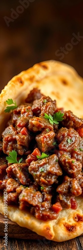 Juicy lamb mixture spread evenly inside crispy pita bread, foodie, fresh