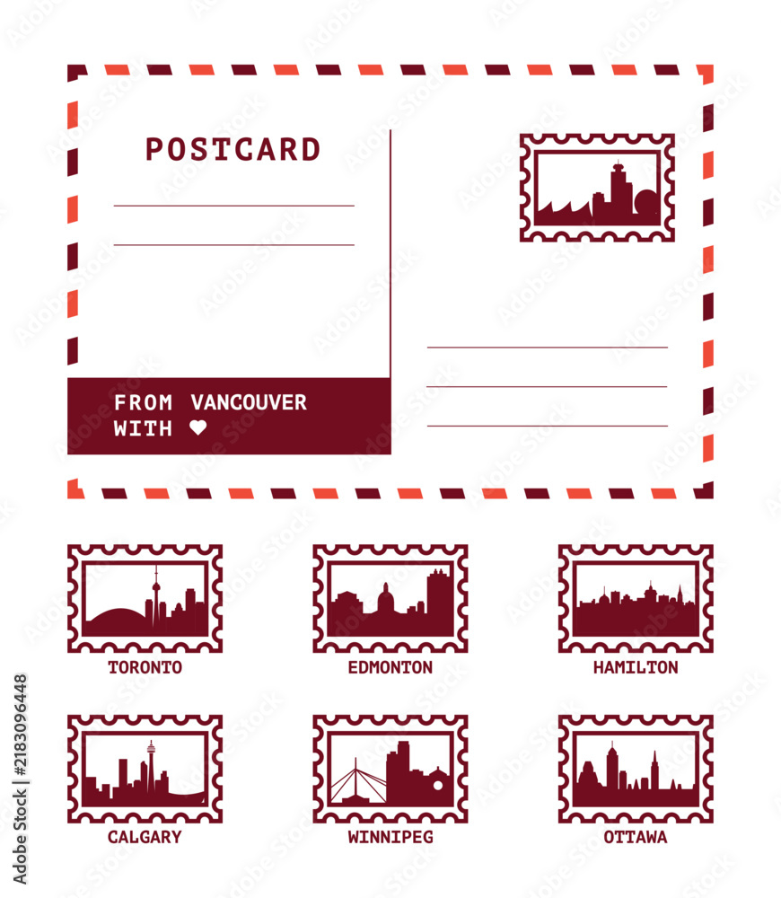 Obraz premium Canada cities postcard templates set with postal stamps and landmarks of Toronto, Vancouver, Calgary, Hamilton, Edmonton, Ottawa, Winnipeg. Clean vector mock up, postal card constructor