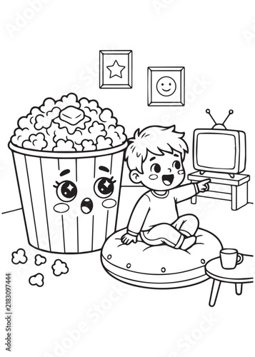 Relaxing Popcorn Movie Break with Happy Boy Coloring Book Page – Cozy Kids Snack Adventure