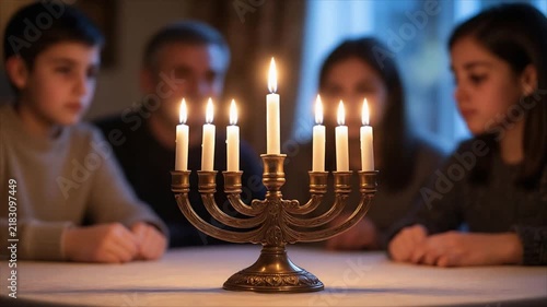 Family gathered around table with burning menorah candles. Jewish holiday Hanukkah celebration at home. Traditional seven branch candelabrum with flame glow, religion and tradition concept.