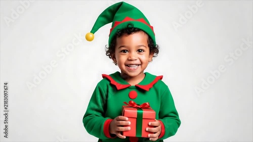 Happy african american kid in green elf costume holding red gift box and smiling. Child in christmas helper outfit. Holiday celebration, new year and merry christmas concept