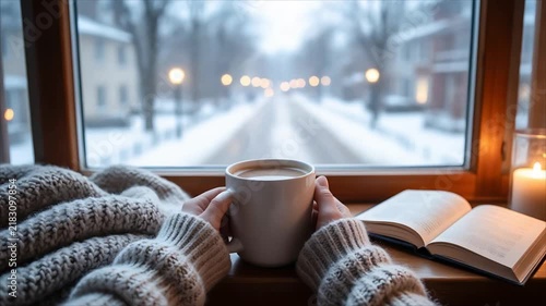 Woman in knitted sweater holding cup of hot drink by window with book and candle. Cozy winter hygge scene with snowy street view outside. Comfort and relaxation at home concept.