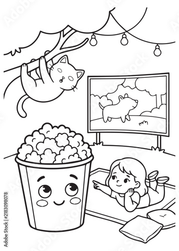 Peaceful Popcorn Reading Time with Child and Playful Cat Coloring Book Page – Cozy Nature Fun