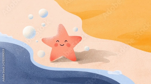 Happy Starfish Smiling on Beach with Gentle Waves and Bubbles