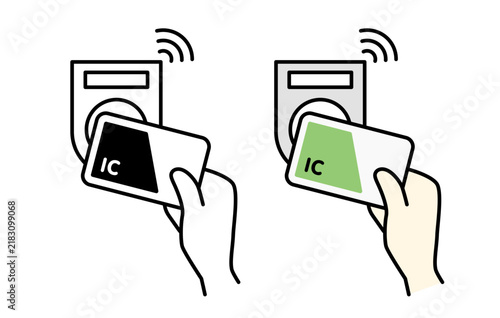Illustration Set of Tapping an IC Card on an NFC Payment Terminal in Monochrome and Color