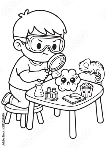 Popcorn Science Experiment with Curious Boy and Tiny Treats Coloring Book Page – Fun STEM Kids Activity