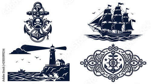 Four vintage ship and military insignia icons