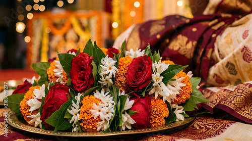 Traditional indian wedding flower garland arrangement with red roses