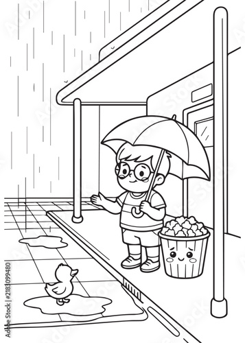 Rainy Day Popcorn Adventure with Child and Umbrella Coloring Book Page – Cozy Outdoor Snack Fun