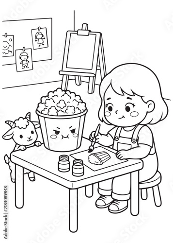 coloring book page depicting a young girl working at a creative craft table with a cute popcorn character and a small cat nearby.