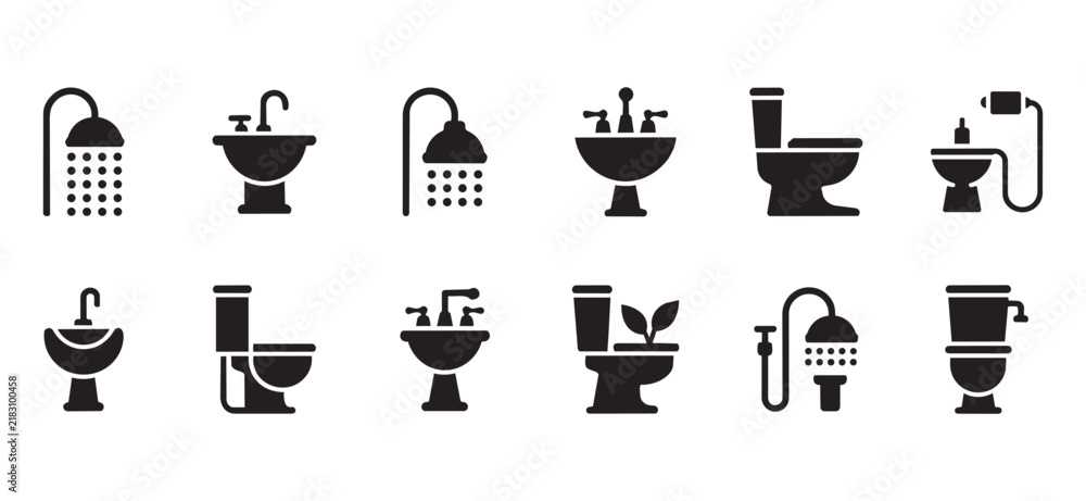 Obraz premium Set of black bathroom fixtures and hygiene elements on transparent background, including toilet, sink, shower, toothbrush, and soap dispenser.