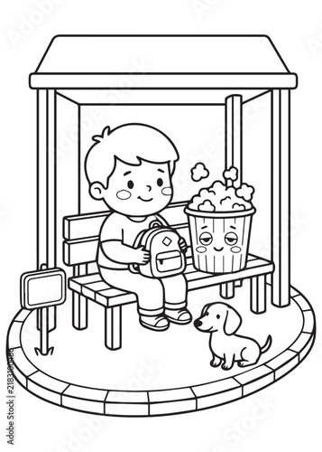coloring book page showing a young boy relaxing inside a small amusement-park style ride while enjoying popcorn. A tiny mouse sits nearby,