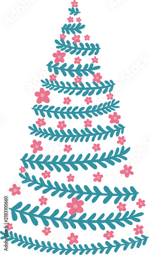 Christmas tree with fren leaves and pink flower symbol illustration for Christmas holiday and new year event.