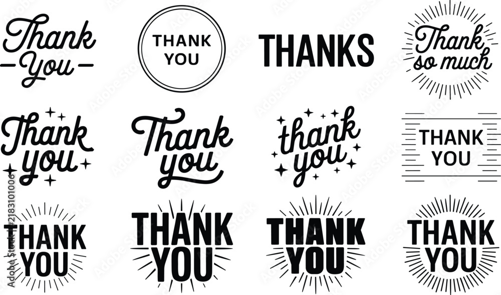 Obraz premium Collection of twelve thank you typography featuring various script and bold fonts with decorative like stars and sunbursts.