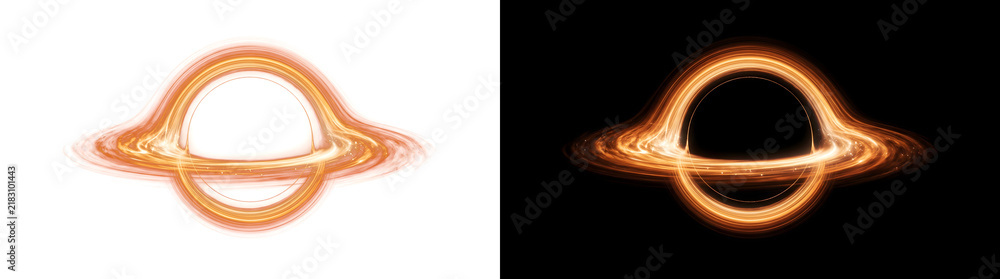 Fototapeta premium Black Hole orange accretion disk illustration with glowing gravitational rings for astronomy and science content in PNG, Transparent and Black Background Versions