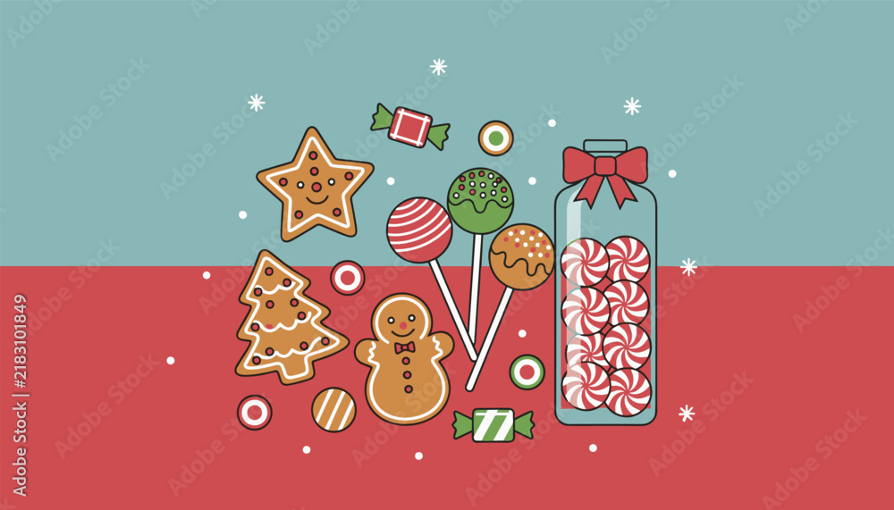 Fototapeta premium Festive flat lay arrangement of Christmas sweets, decorated gingerbread cookies, colorful lollipops, and a candy jar.