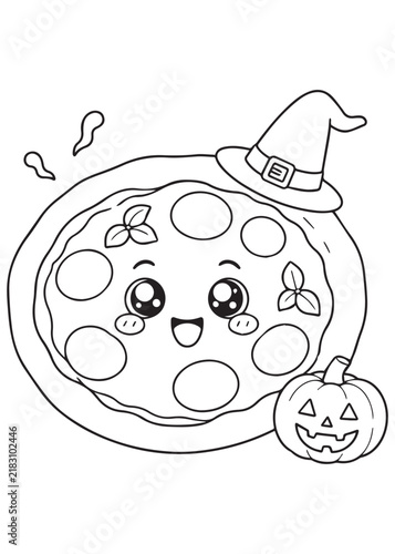 Coloring Page Book Cute Halloween Pizza Wearing Witch Hat with Pumpkin Character Adorable Spooky Food Illustration for Kids