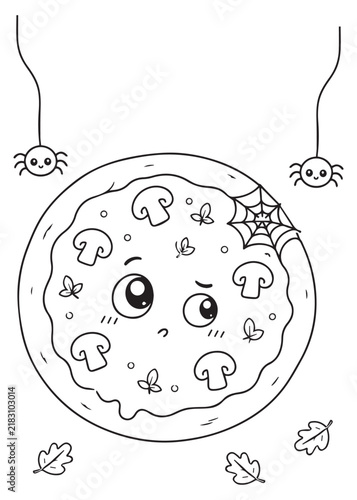 Coloring Page Book Shy Halloween Pizza with Hanging Spiders and Cobweb Details Cute Spooky Kawaii Food Character