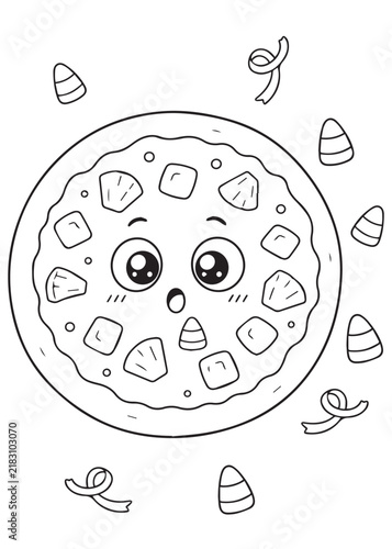 Coloring Page Book Happy Halloween Pizza Surrounded by Candy Corn and Playful Treats Cute Food Coloring Illustration