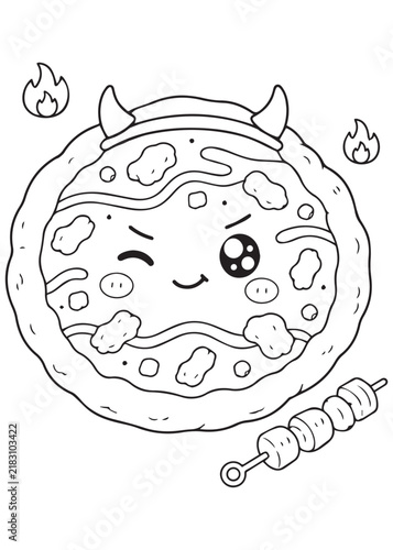 Coloring Page Book Fierce Halloween Pizza with Devil Horns and Flaming Spooky Expression Cute Monster Food Character