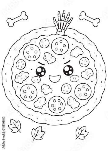 Coloring Page Book Cheerful Halloween Pizza with Bones and Spooky Leaf Decorations Cute Kawaii Food Character