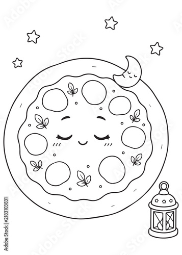 Coloring Page Book Sleepy Halloween Pizza with Crescent Moon, Stars and Lantern Cute Kawaii Nighttime Food Character