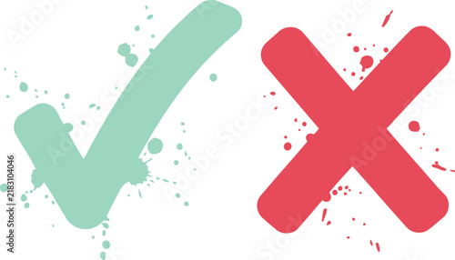 Green check mark and red cross mark symbols with ink splash artistic design elements